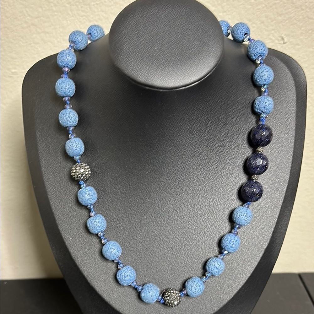 Navajo Blue Lava Rock Knotted Glass Shimmer Beads Beaded Necklace
